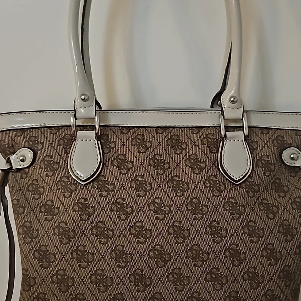 VTG GUESS 1990s Brown Cream Trim Logo Monogram Reama Tote Bag